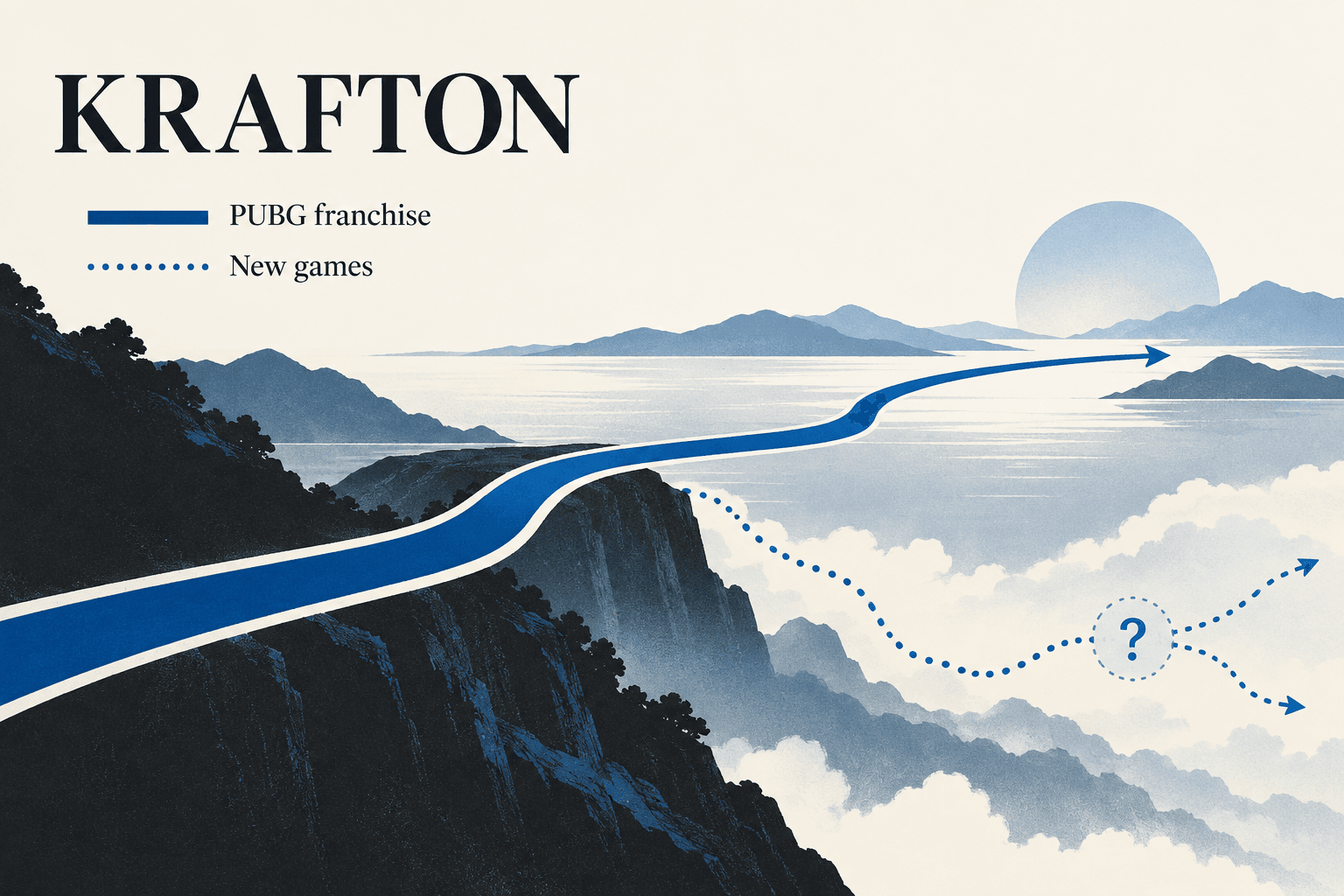 Editorial diagram contrasting KRAFTON’s established PUBG franchise with the uncertain contribution of future games
