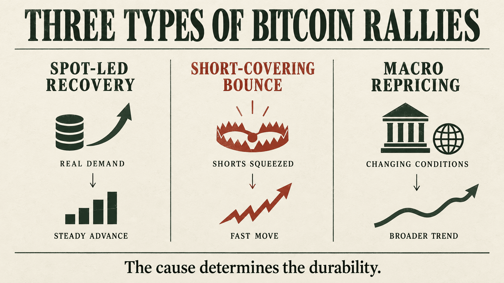 Four-part Bitcoin recovery quality test covering spot demand, ETF flows, futures positioning and macro liquidity