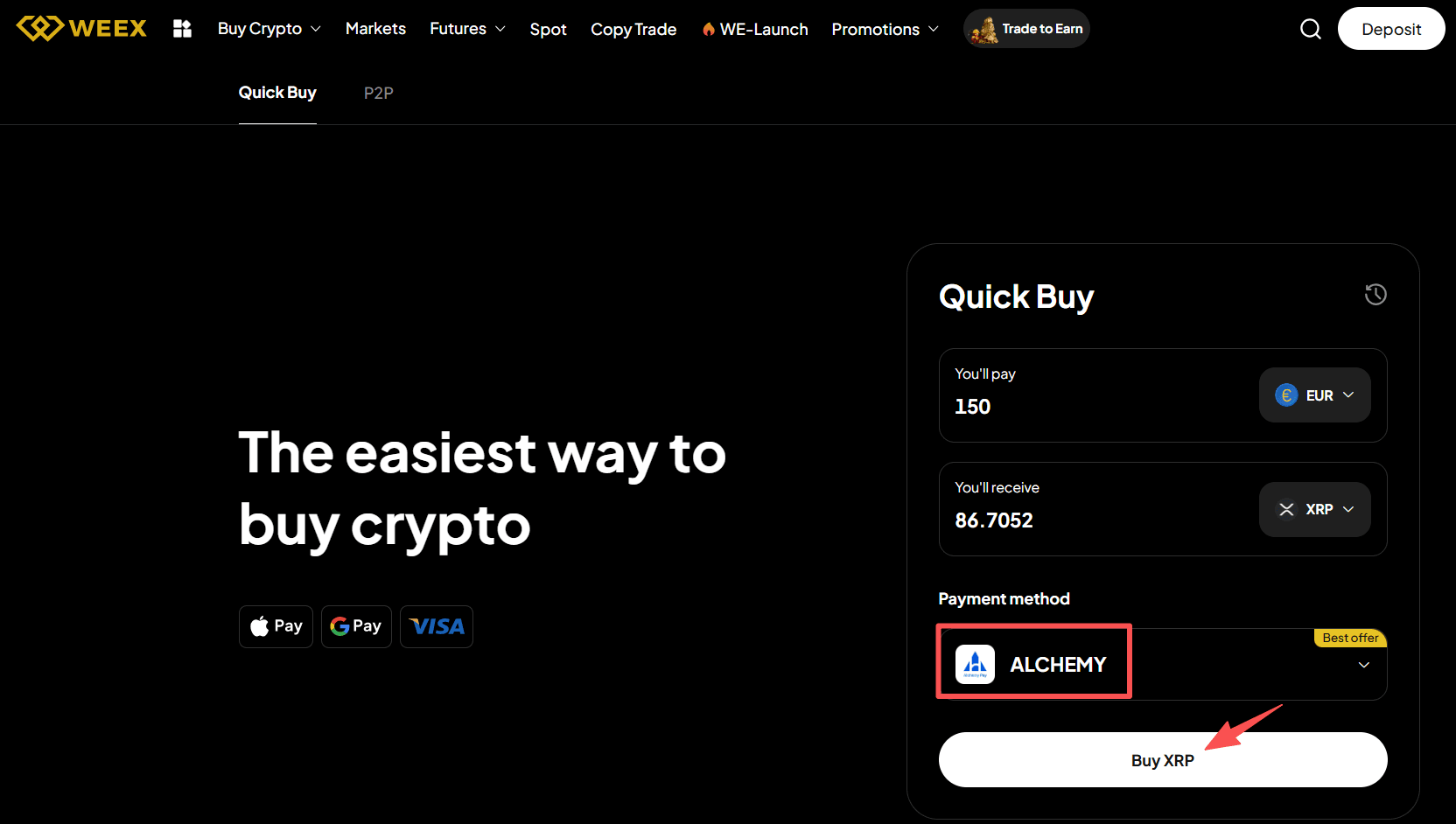 第三步：如何在WEEX网络版上用欧元买入XRP