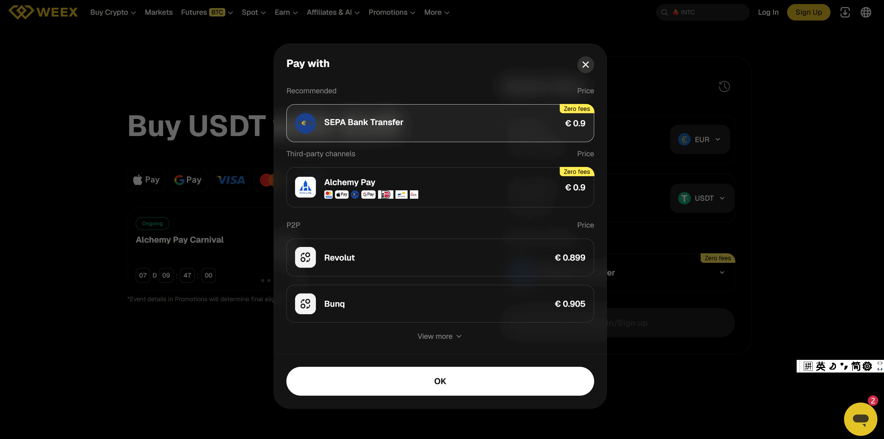 Buy USDT with EUR via SEPA Bank Transfer on WEEX